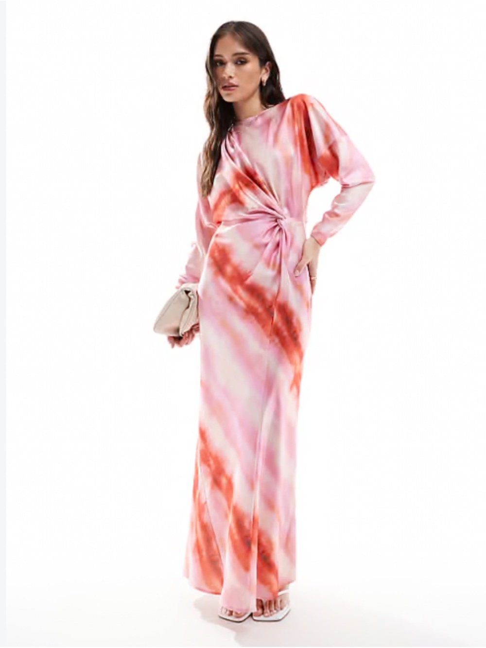 NWT ASOS Tie-Dye Pink & Coral Long Sleeve Maxi Dress with Twist Detail